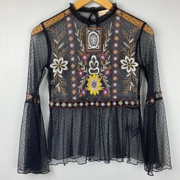 Altar’d State Black Boho Mesh Embroidered Bell Sleeve Blouse XS - Picture 1 of 9